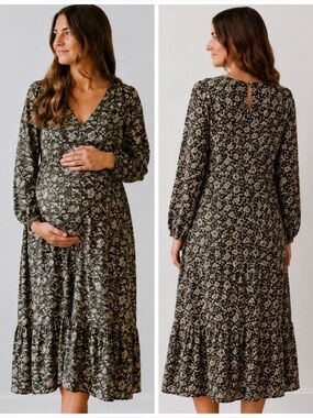 Hatched Maternity Flower Garden Cotton Midi Dress